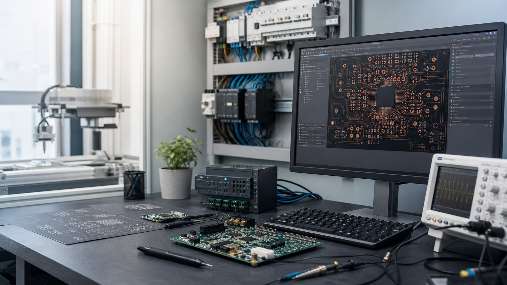 Stanowisko projektowania elektroniki z płytkami PCB, sprzętem pomiarowym i modułami automatyki